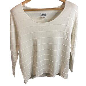 Chico’s Design Off White Open Neck Ridged Long Sleeve Top Sz M
